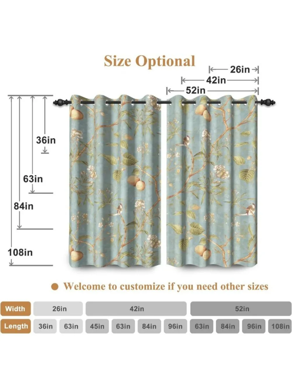 Vintage Floral Blackout Curtains 42x84 Inch, Grommet Drapes for Bedroom & Living